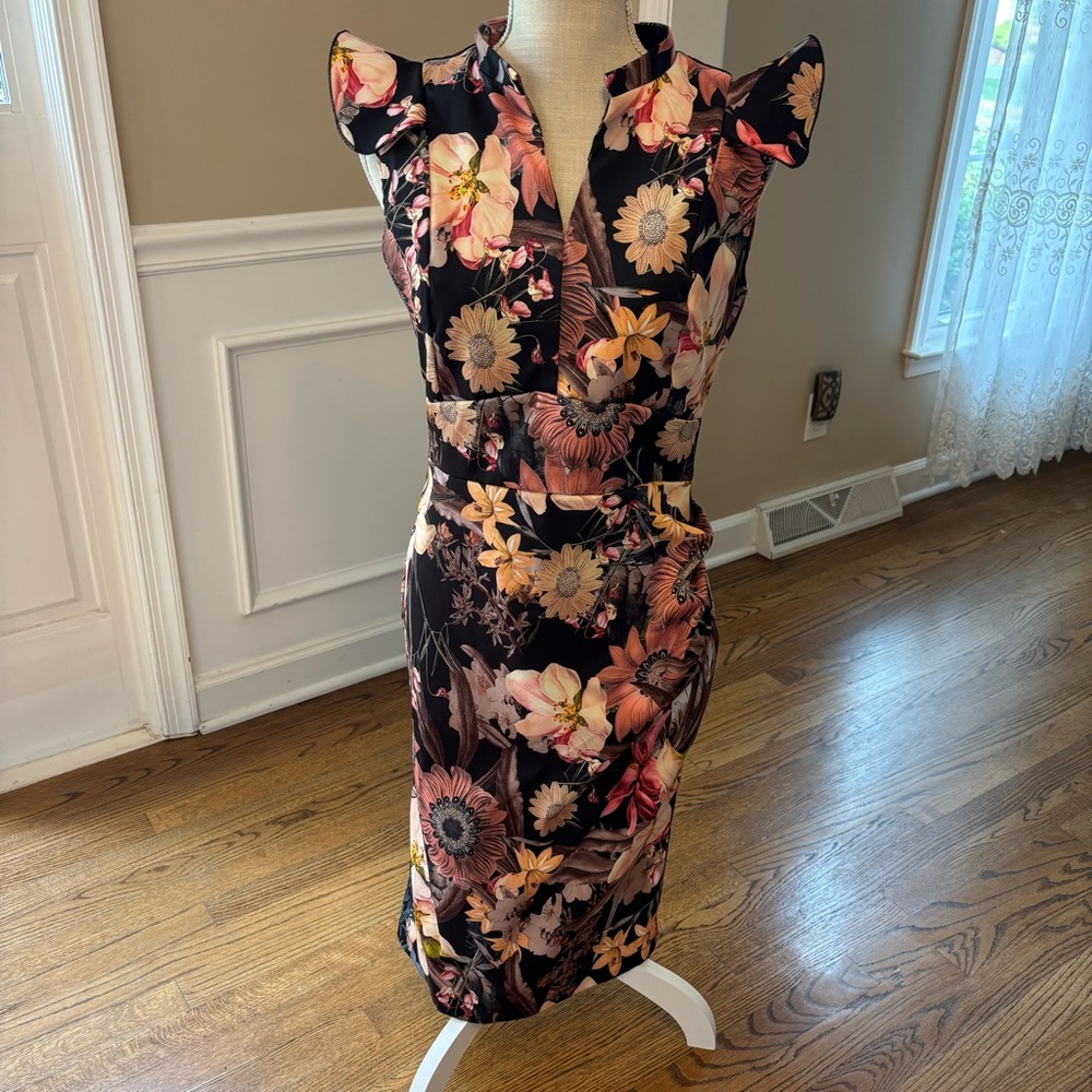 Floral Pencil Dress with Ruffled Shoulders - Black/Pink